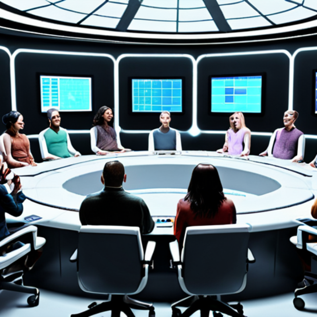 **Prompt:** A diverse group of people gathered in a futuristic lunar base community meeting, using holographic displays to vote on proposals for resource allocation. The scene emphasizes participatory democracy and transparency, with some AI assistants providing data insights. The style is optimistic and collaborative, with a focus on equality and freedom of expression.