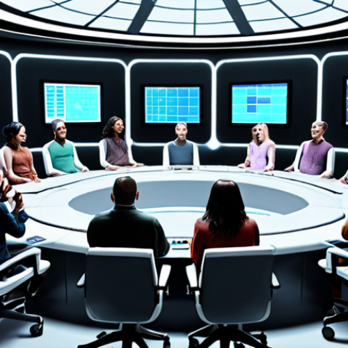 **Prompt:** A diverse group of people gathered in a futuristic lunar base community meeting, using holographic displays to vote on proposals for resource allocation. The scene emphasizes participatory democracy and transparency, with some AI assistants providing data insights. The style is optimistic and collaborative, with a focus on equality and freedom of expression.