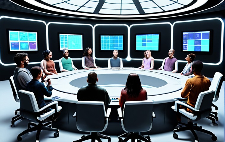 **Prompt:** A diverse group of people gathered in a futuristic lunar base community meeting, using holographic displays to vote on proposals for resource allocation. The scene emphasizes participatory democracy and transparency, with some AI assistants providing data insights. The style is optimistic and collaborative, with a focus on equality and freedom of expression.