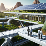 A diverse group of people working together on a futuristic space colony, emphasizing cooperation and sustainability. Focus on renewable energy sources like solar panels and closed-loop ecosystems. Style: hopeful, collaborative, and eco-friendly.