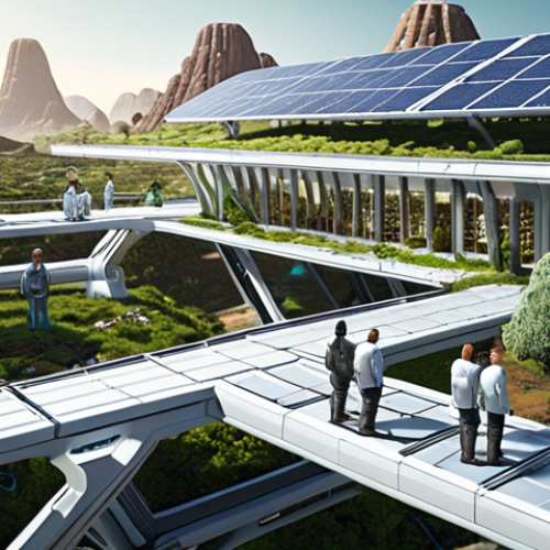 A diverse group of people working together on a futuristic space colony, emphasizing cooperation and sustainability. Focus on renewable energy sources like solar panels and closed-loop ecosystems. Style: hopeful, collaborative, and eco-friendly.