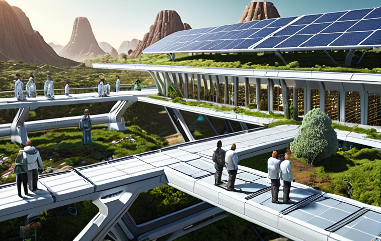 A diverse group of people working together on a futuristic space colony, emphasizing cooperation and sustainability. Focus on renewable energy sources like solar panels and closed-loop ecosystems. Style: hopeful, collaborative, and eco-friendly.