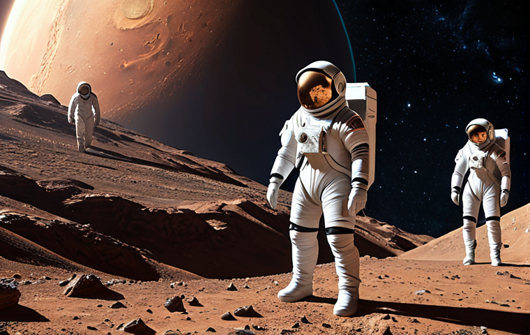 **Ethical Space Exploration:** A diverse group of people collaboratively designing sustainable technologies for planetary protection, emphasizing environmental responsibility and the discovery of extraterrestrial life.