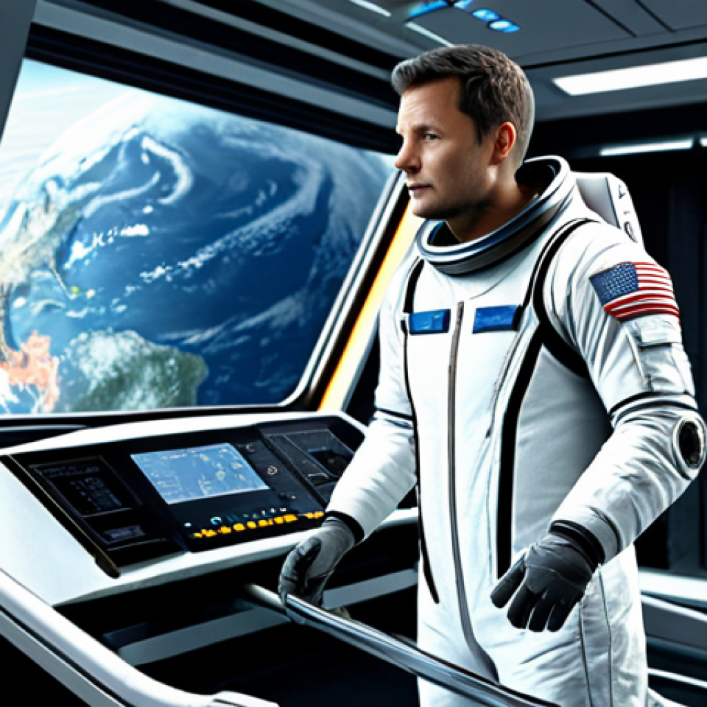 Space Colonization - Physiological Adaptation**
"Astronaut fully clothed in specialized exercise suit, working out on a futuristic treadmill inside a space station. Background shows Earth through a window. Safe for work, appropriate content, fully clothed, professional, perfect anatomy, natural proportions, high quality rendering, realistic."
**