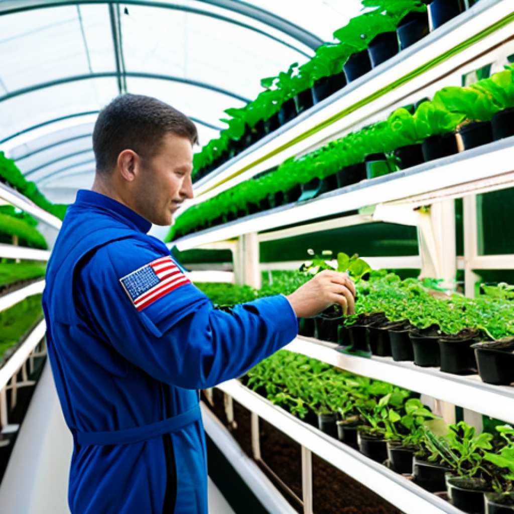 **

"An astronaut in a fully enclosed space station greenhouse, tending to rows of vibrant, leafy green plants under artificial lights, fully clothed in a NASA jumpsuit, appropriate content, safe for work, professional, hydroponic system visible, Earth visible in the distance through a window, perfect anatomy, correct proportions, well-formed hands, proper finger count, natural pose, high quality."

**
