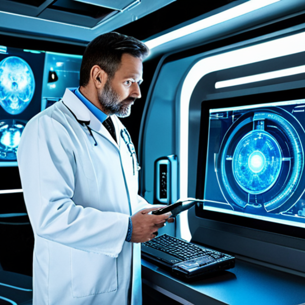 우주 식민지에서의 의료 윤리 문제 - The Remote Diagnosis**
"A dedicated doctor, fully clothed in professional medical attire, using adv...