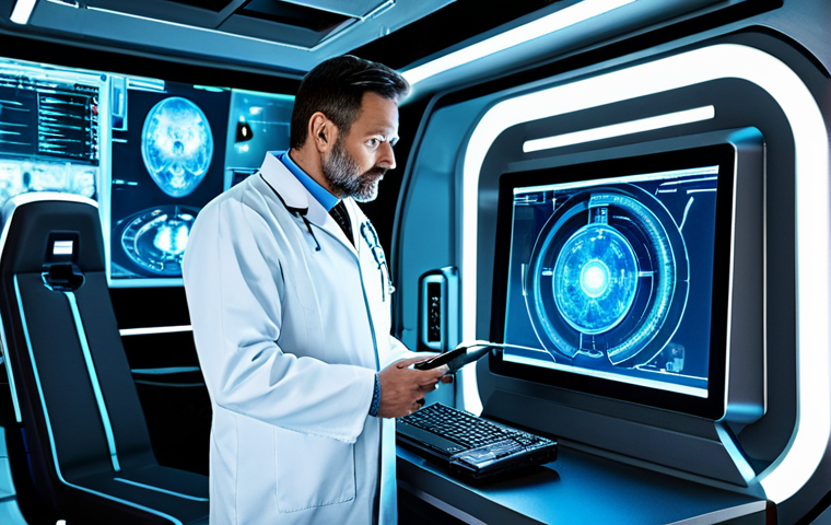 우주 식민지에서의 의료 윤리 문제 - The Remote Diagnosis**

"A dedicated doctor, fully clothed in professional medical attire, using adv...