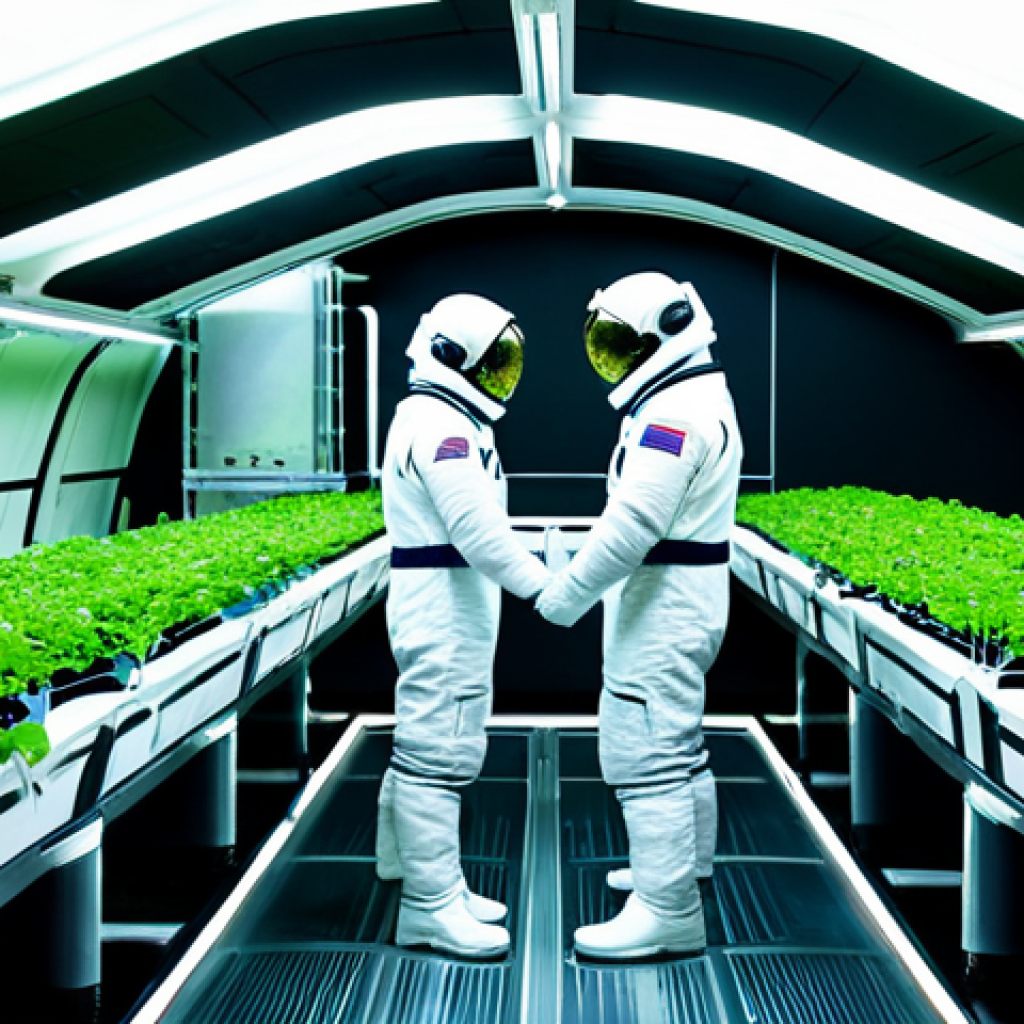 우주 식민지의 지속 가능한 개발과 윤리 - Space Agriculture**

"A futuristic hydroponic farm inside a space station, vibrant green plants grow...