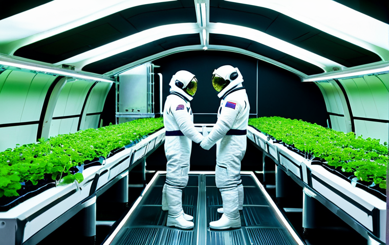 우주 식민지의 지속 가능한 개발과 윤리 - Space Agriculture**

"A futuristic hydroponic farm inside a space station, vibrant green plants grow...
