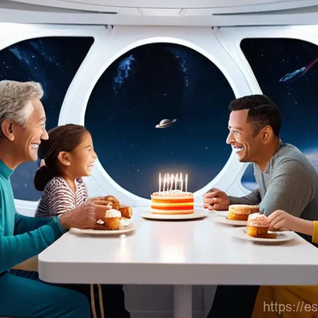 우주 식민지에서의 가족과 공동체의 역할 - **Family Birthday in a Space Habitat:** A heartwarming scene inside a cozy, futuristic space habitat...