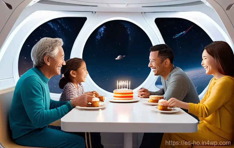 우주 식민지에서의 가족과 공동체의 역할 - **Family Birthday in a Space Habitat:** A heartwarming scene inside a cozy, futuristic space habitat...