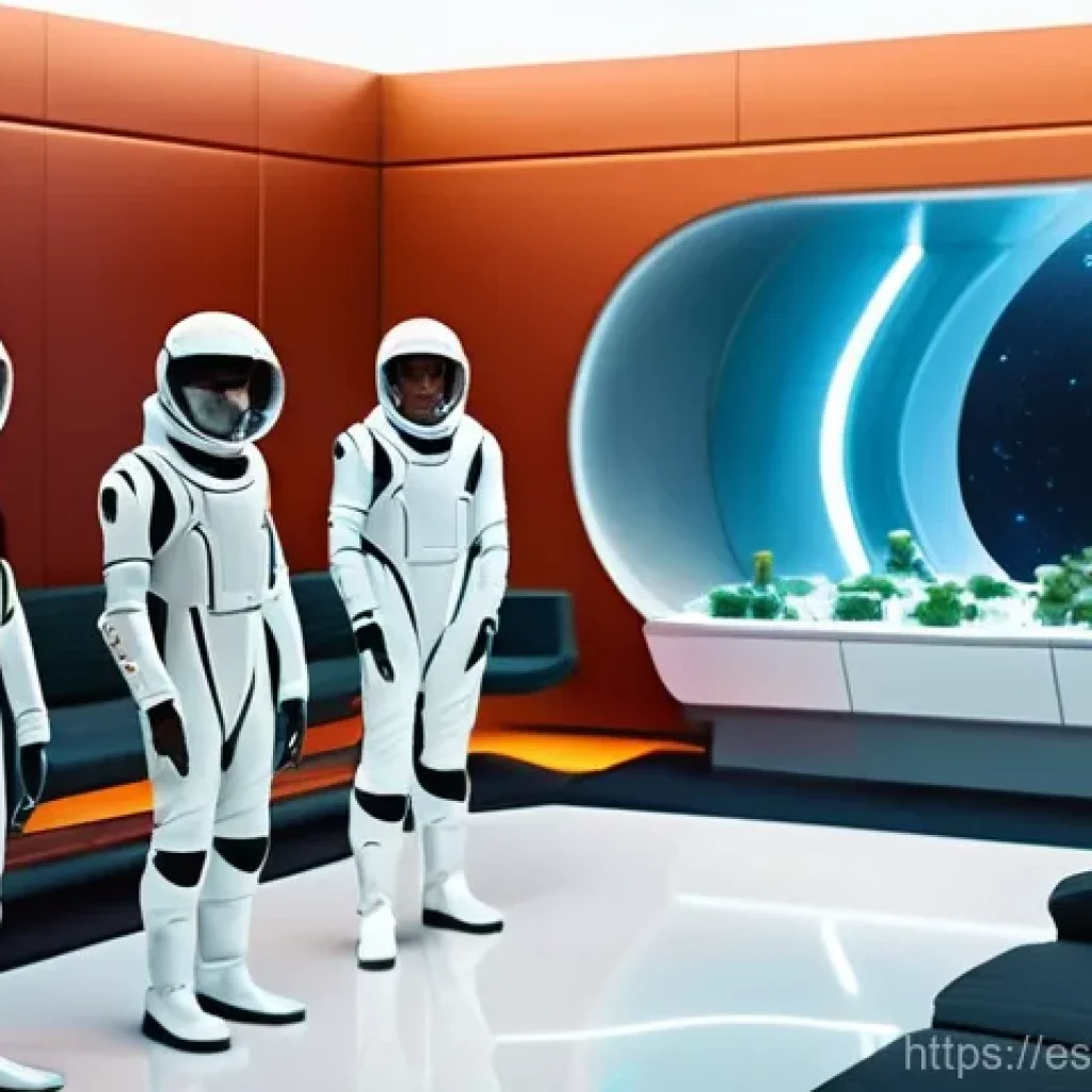 우주 식민지에서의 개인의 자유와 윤리적 고려 - **Prompt:** A diverse group of adult space colonists, wearing practical, fully opaque futuristic jum...