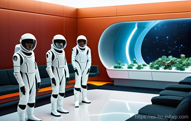 우주 식민지에서의 개인의 자유와 윤리적 고려 - **Prompt:** A diverse group of adult space colonists, wearing practical, fully opaque futuristic jum...