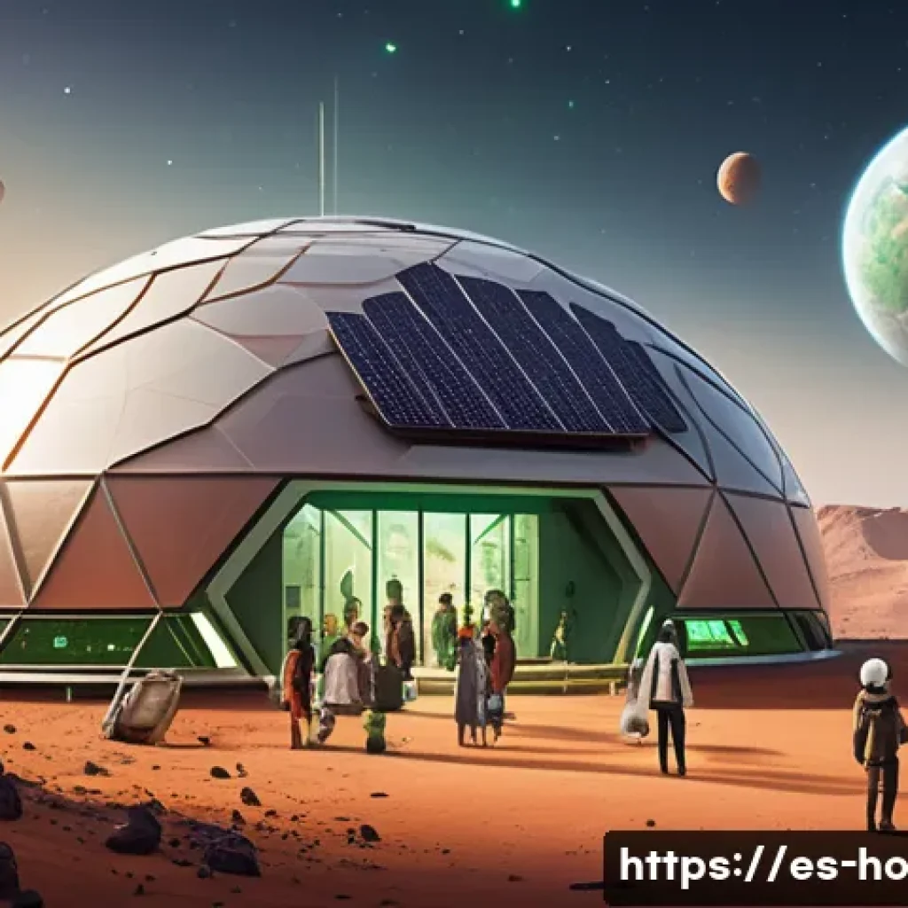 우주 식민지 개발과 인류 미래에 대한 윤리적 책임 - A diverse multicultural community gathering in a futuristic space colony on Mars, featuring people o...
