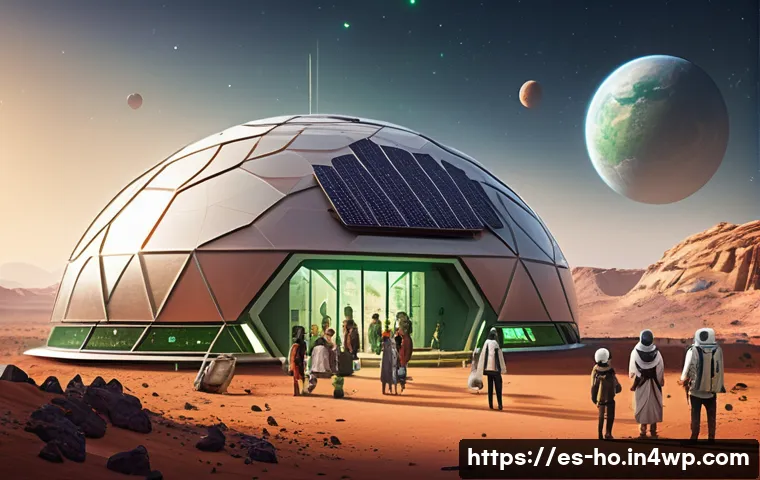 우주 식민지 개발과 인류 미래에 대한 윤리적 책임 - A diverse multicultural community gathering in a futuristic space colony on Mars, featuring people o...