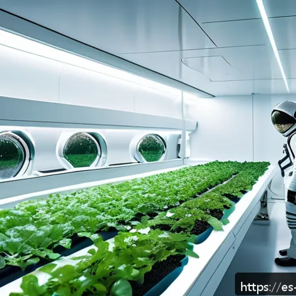 우주 식민지에서의 기술의 책임과 윤리적 측면 - A futuristic space colony interior showcasing advanced hydroponic gardens with diverse plants growin...