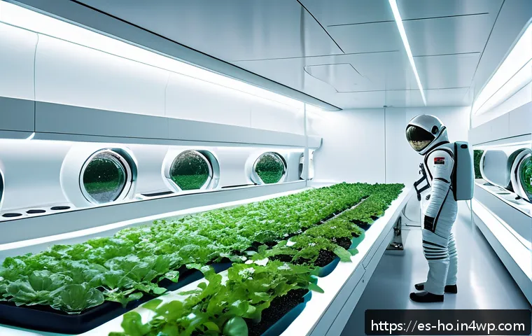 우주 식민지에서의 기술의 책임과 윤리적 측면 - A futuristic space colony interior showcasing advanced hydroponic gardens with diverse plants growin...