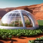 Home 20 우주 식민지의 미래 비전과 윤리적 고려 - A futuristic self-sustaining space habitat on Mars featuring inflatable transparent domes with lush ...