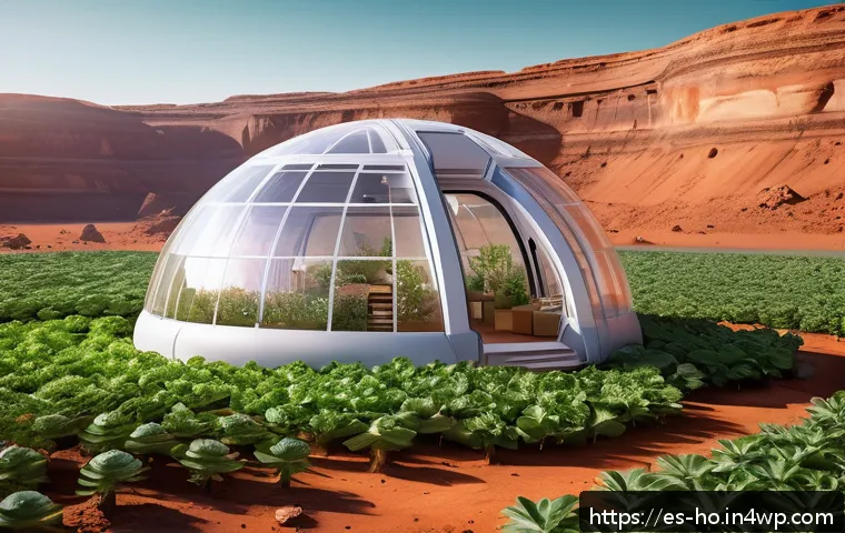 우주 식민지의 미래 비전과 윤리적 고려 - A futuristic self-sustaining space habitat on Mars featuring inflatable transparent domes with lush ...