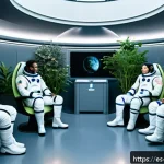 Home 19 우주 식민지에서의 감정적 연대와 윤리적 고려 - A futuristic space colony interior showing a diverse group of astronauts and colonists engaging in a...