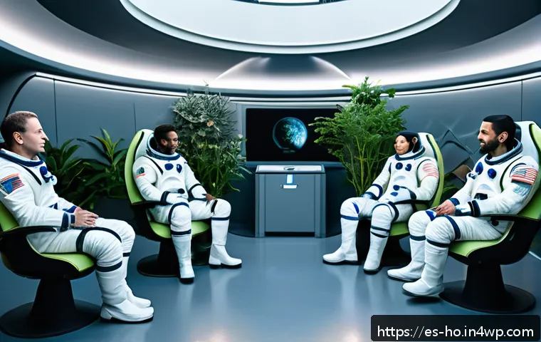 우주 식민지에서의 감정적 연대와 윤리적 고려 - A futuristic space colony interior showing a diverse group of astronauts and colonists engaging in a...