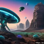 Home 23 우주 식민지에서의 환경 윤리적 접근 - A futuristic extraterrestrial ecosystem under a vibrant alien sky, featuring diverse unknown plant l...