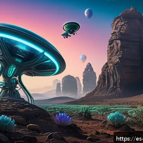 Home 17 우주 식민지에서의 환경 윤리적 접근 - A futuristic extraterrestrial ecosystem under a vibrant alien sky, featuring diverse unknown plant l...