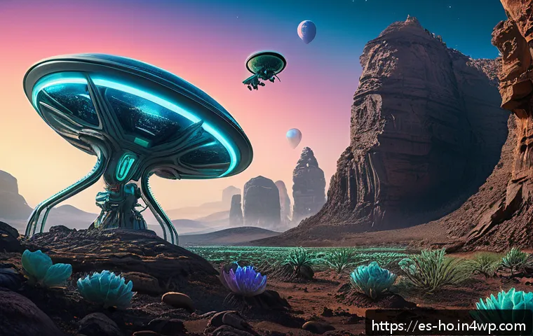 우주 식민지에서의 환경 윤리적 접근 - A futuristic extraterrestrial ecosystem under a vibrant alien sky, featuring diverse unknown plant l...