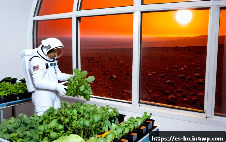 우주 식민지와 생명권  존중의 필요성 - Photorealistic interior of a peaceful Mars colony greenhouse, diverse Spanish-speaking adult astrona...