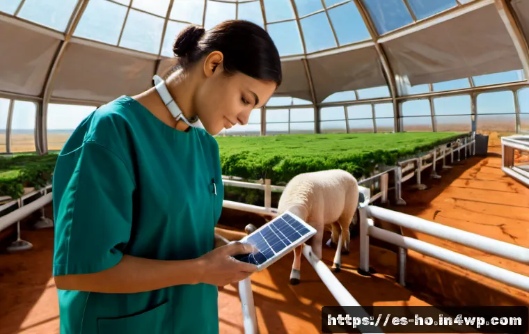 Home 17 우주 식민지에서의 동물 윤리 문제 - Photorealistic ethical space-colony animal care scene, a veterinarian in a clean futuristic habitat ...