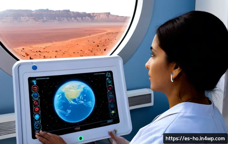 Home 13 우주 식민지에서의 의료 접근성과 윤리적 문제 - Photorealistic interior of a Mars colony medical clinic, a compassionate Latina doctor in a clean wh...