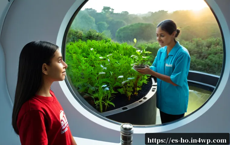 우주 식민지에서의 세대 간 책임과 윤리 - Photorealistic interior of a spacious orbital colony habitat, an elderly Latina engineer and a teena...
